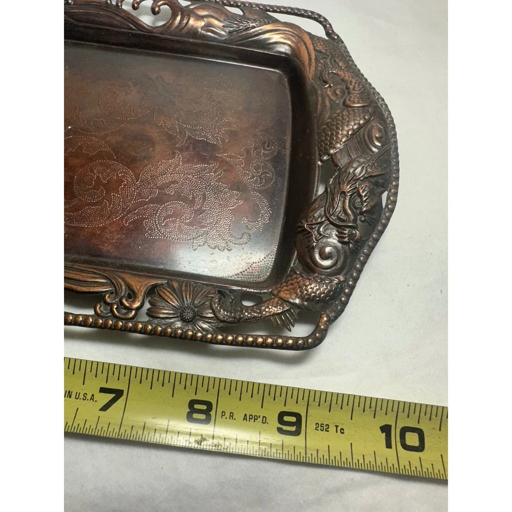 Vintage Dragon Metal Tray Copper Tone Good Ornate Embossed Chinoiserie 9.5in